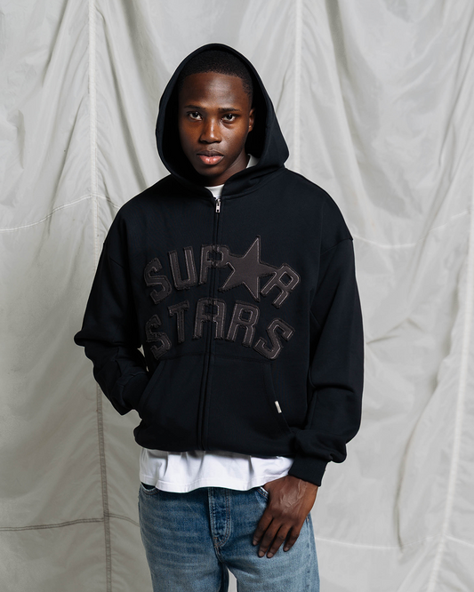 SUPERSTAR ERA PATCHWORK ZIP-UP HOODIE | BLACK